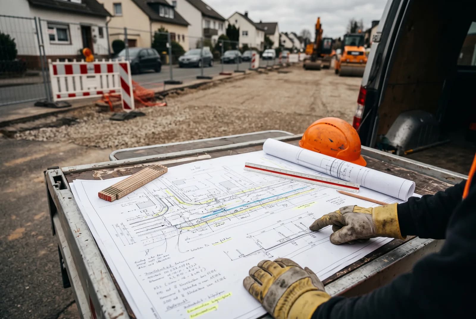 Arbeitsvorbereitung: ausgebreiteter Bauplan mit Markierungen, Maßstab und Notizen auf der Ladefläche eines Baustellenfahrzeugs, dahinter die abgesperrte Baustelle.