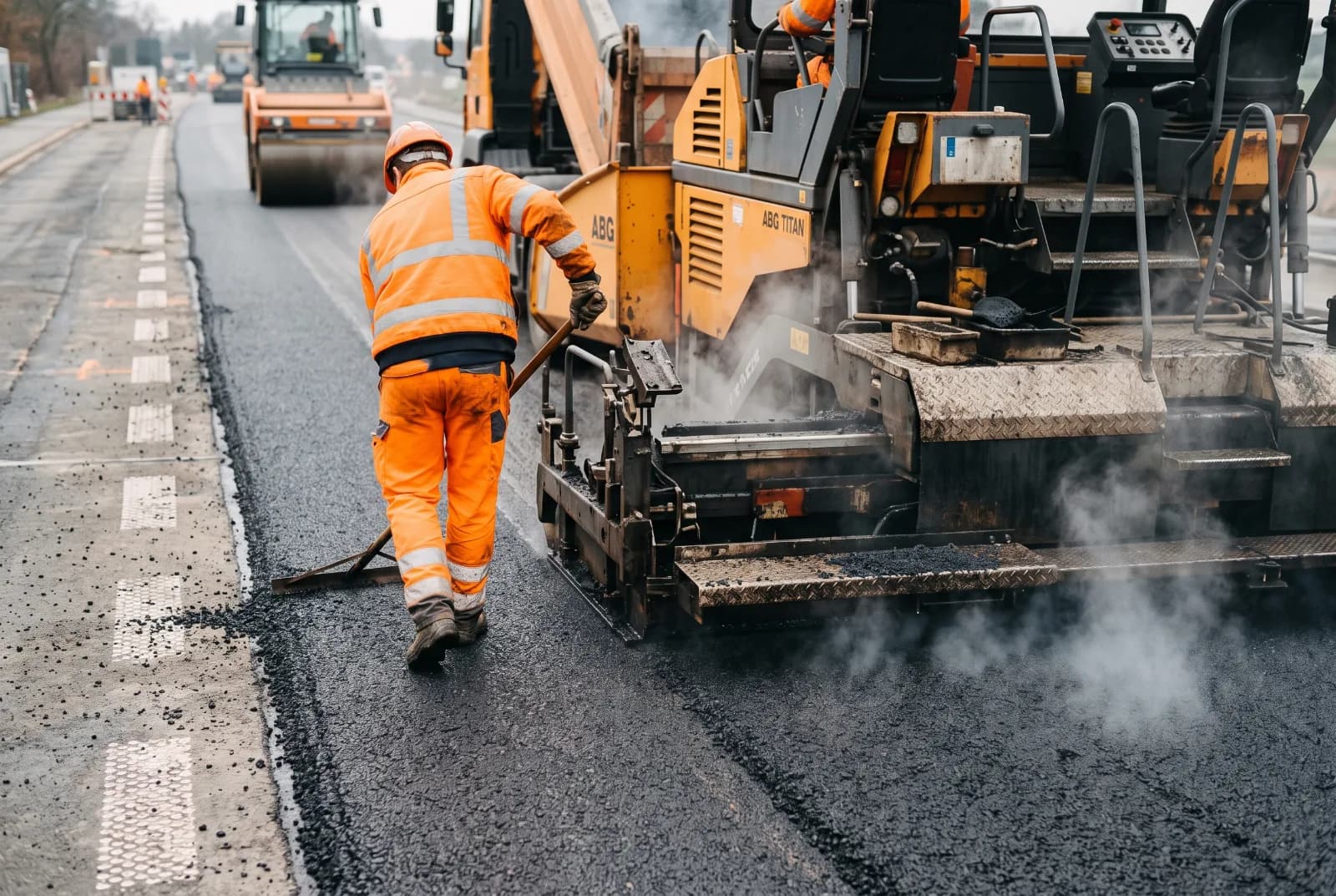 Asphaltfertiger beim Einbau einer Deckschicht, dampfendes Mischgut und ein Bauarbeiter, der die Randnaht abzieht.
