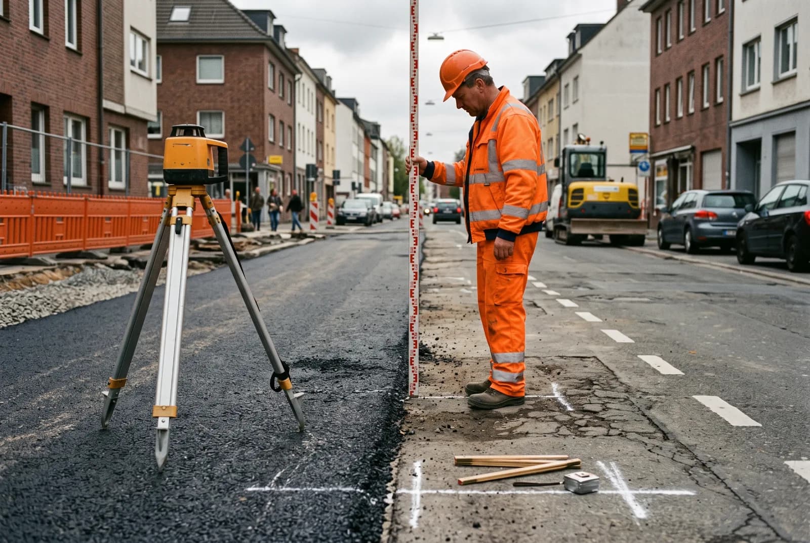 Bauarbeiter in Warnkleidung hält eine Messlatte an der Naht zwischen neuer Asphaltfläche und altem Belag, daneben ein Rotationslaser auf dem Stativ und Kreidemarkierungen auf der Fahrbahn.