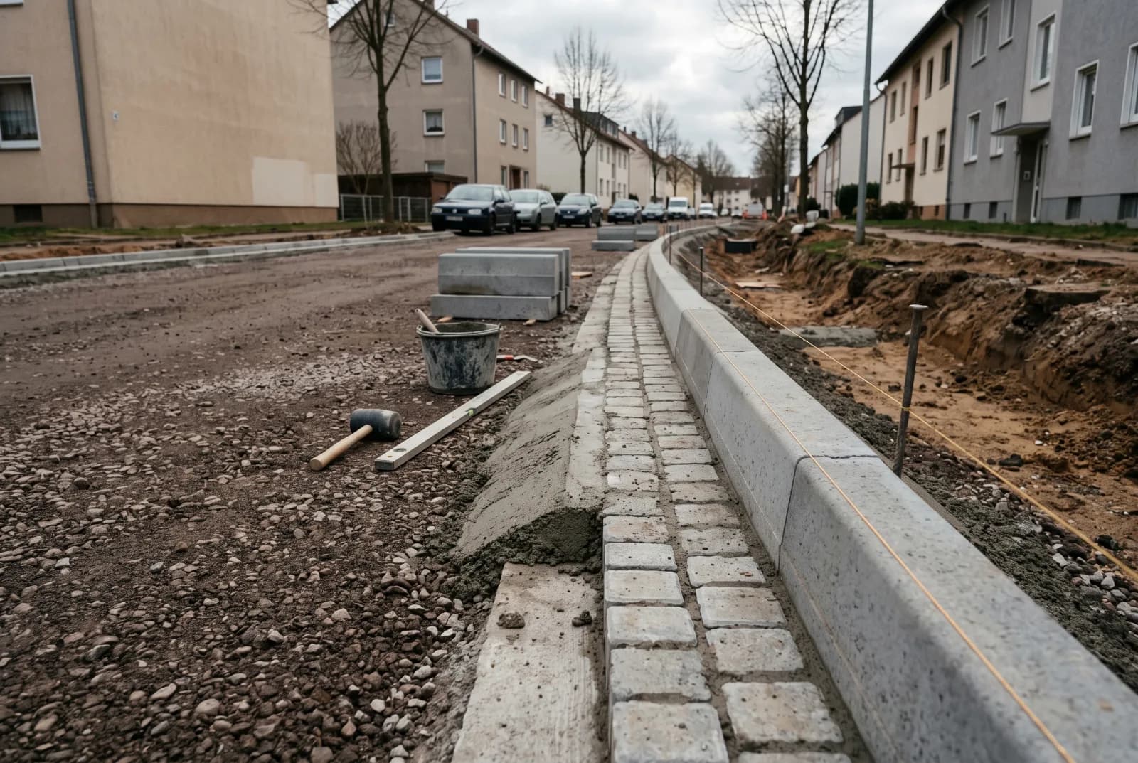 Gesetzte Bordsteinreihe mit Betonrückenstütze und angrenzender Pflasterrinne entlang einer Fahrbahnkante.
