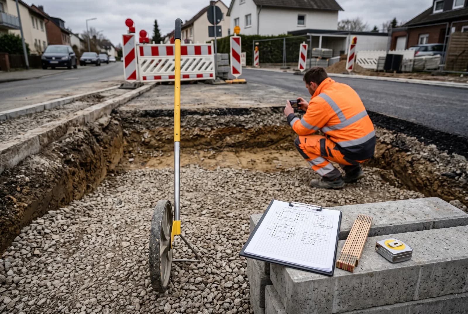 Aufmaß auf der Baustelle: Messrad und Aufmaßblatt am offenen Graben, dahinter fotografiert ein Bauarbeiter den Schichtenaufbau vor dem Verschließen.