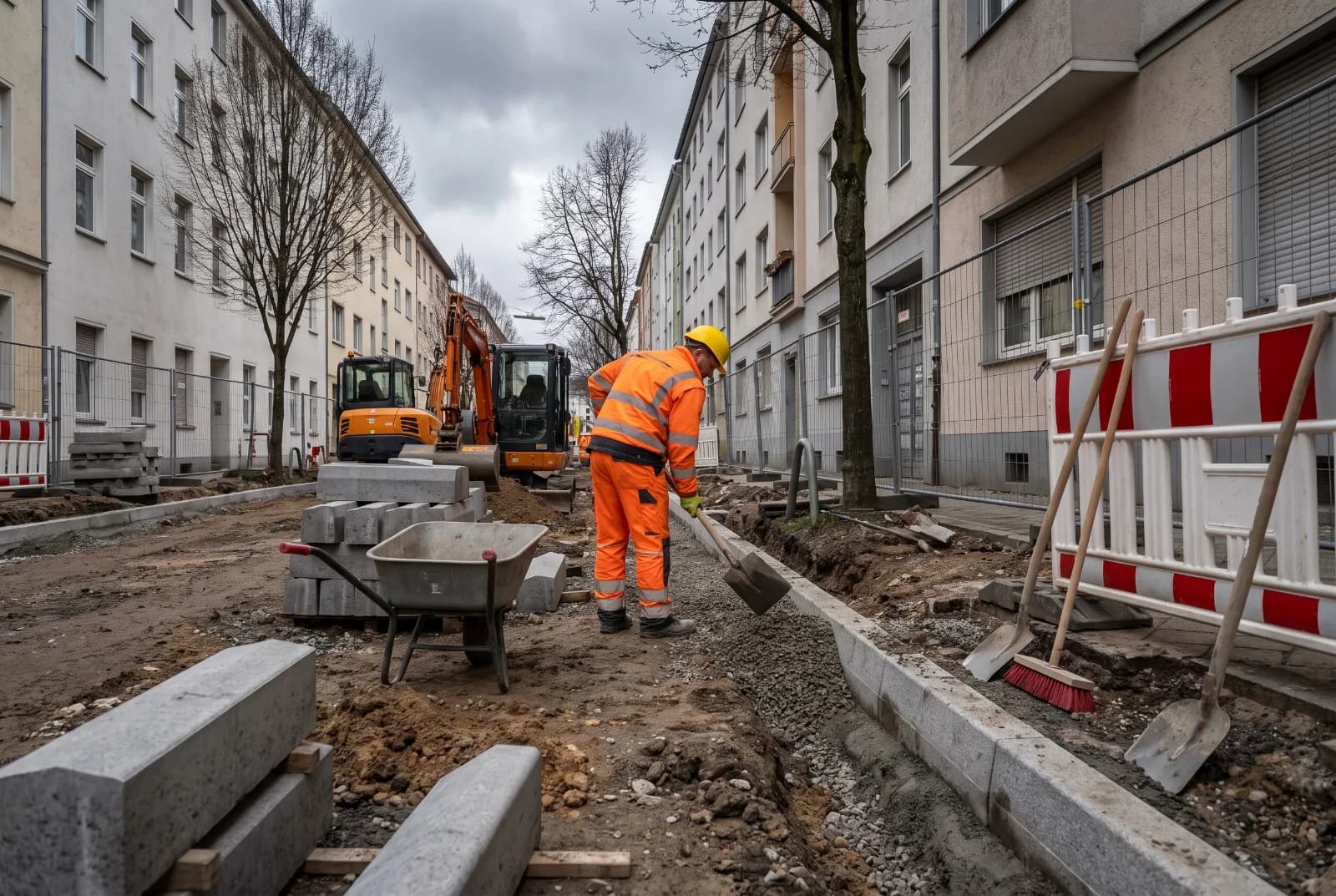Bauarbeiter schaufelt in einer Berliner Wohnstraße Schotter in den Graben an der Bordkante, daneben Schubkarre, Schaufeln und Besen an der Absperrung.