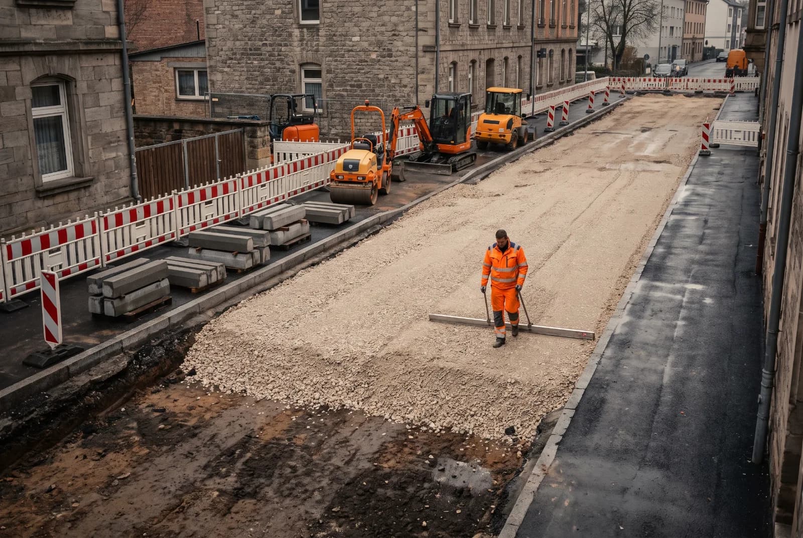 Blick von oben auf eine Straßenbaustelle: der Schichtaufbau von Aushub über Schottertragschicht bis zur fertigen Asphaltdecke, ein Arbeiter zieht die Tragschicht mit der Latte ab.