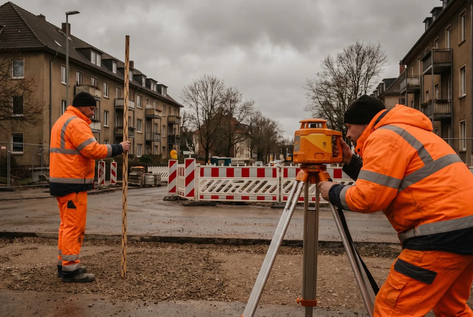 Zwei Bauarbeiter nehmen Höhen auf: einer hält die Messlatte senkrecht auf der Tragschicht, der andere visiert über ein Rotationslasergerät auf dem Stativ.