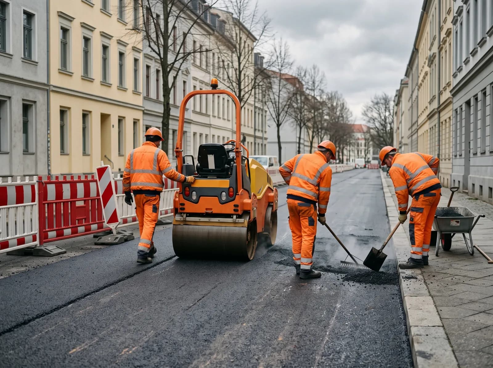 Drei Bauarbeiter in orangefarbener Warnkleidung auf einer abgesperrten Stadtstraße: einer führt eine Tandemwalze, einer zieht das Mischgut mit dem Rechen ab, einer schaufelt Asphalt an der Bordsteinkante nach.