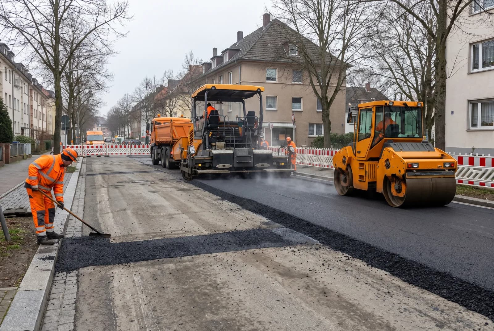 Asphalteinbau auf einer Stadtstraße: der Fertiger baut die Deckschicht ein, dahinter verdichtet eine Tandemwalze, ein Arbeiter zieht die Naht am Bord mit dem Rechen nach.