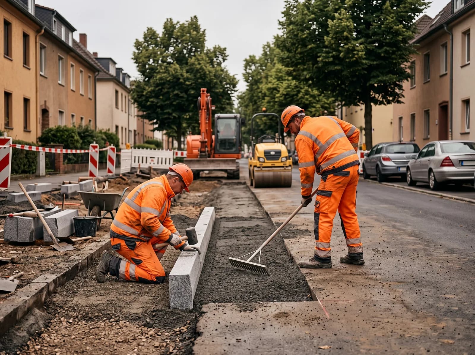 Zwei Bauarbeiter in orangefarbener Warnkleidung auf einer städtischen Straßenbaustelle: einer setzt kniend einen Granitbordstein, der andere zieht daneben das Bett ab. Dahinter stehen ein Bagger und eine Walze.