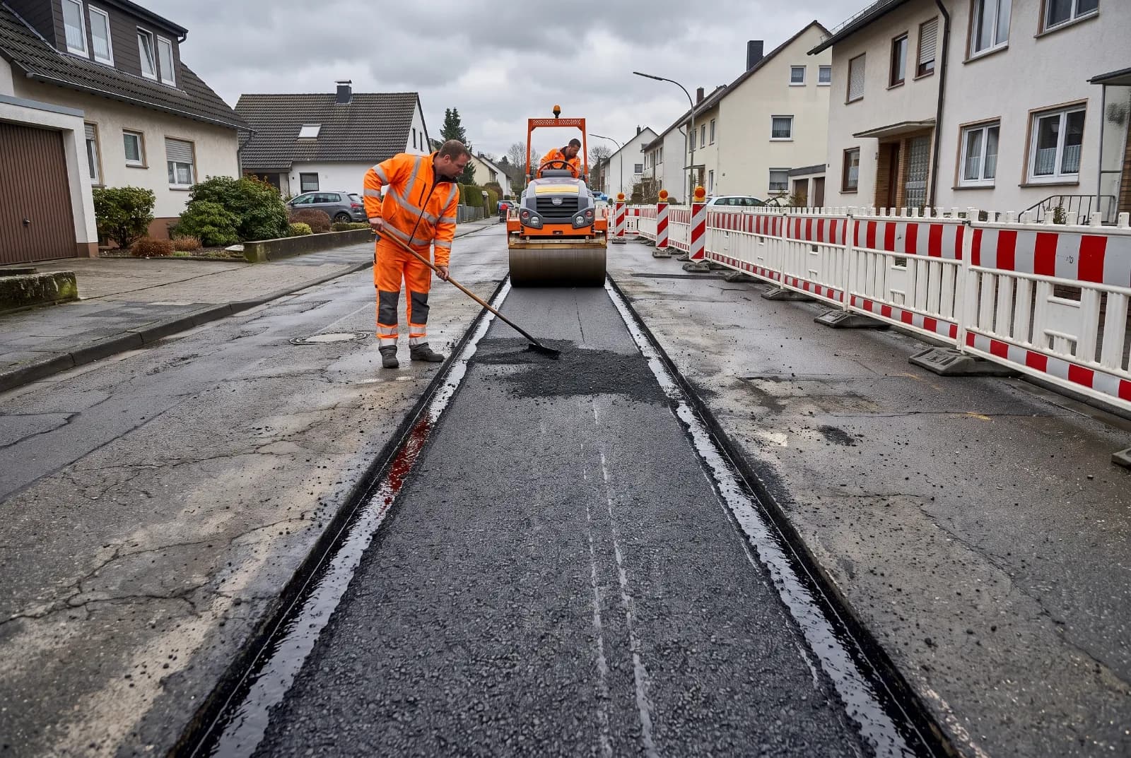 Wiederherstellung nach Leitungsarbeiten: lagenweise verfüllter Straßengraben mit Rüttelplatte und Absperrbaken.