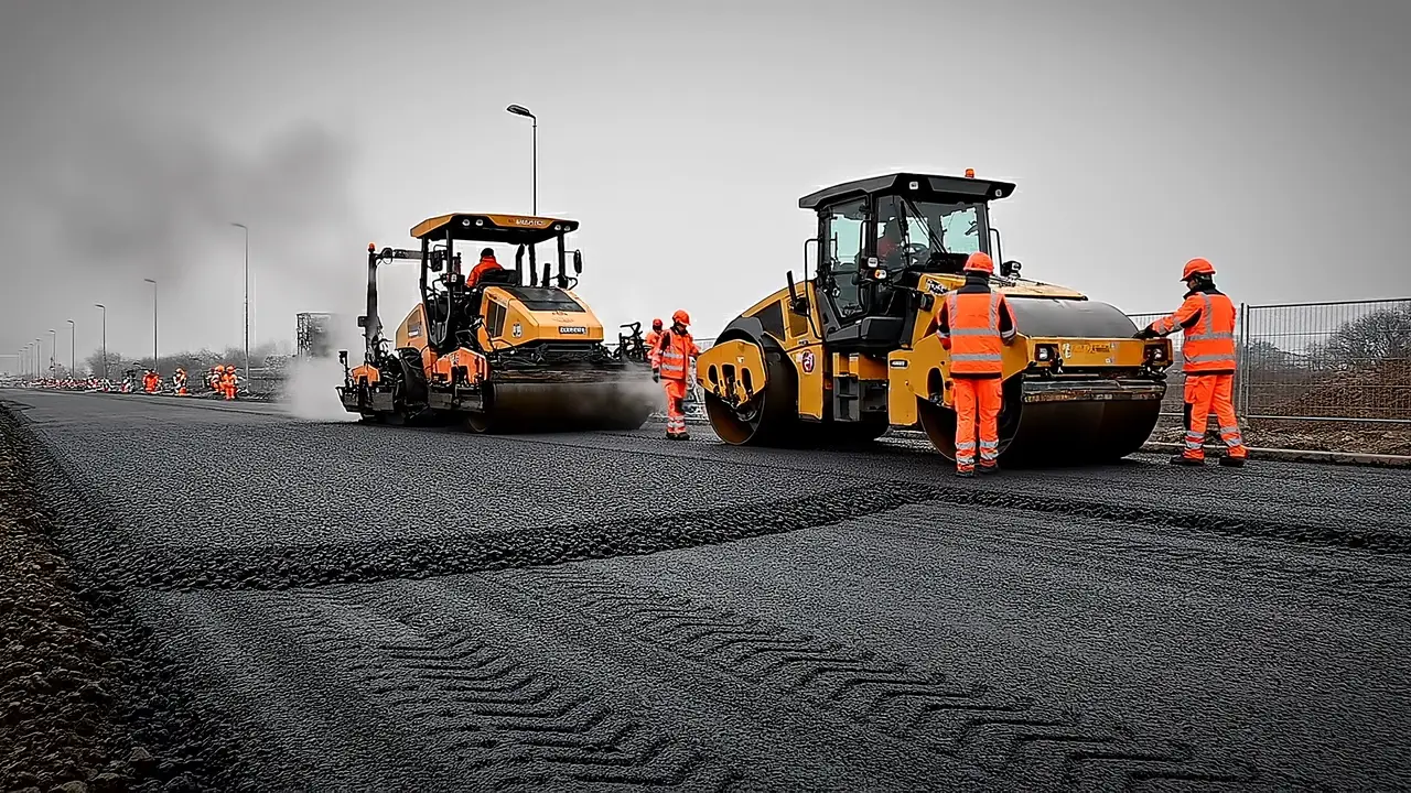 Straßenbaustelle: zwei Tandemwalzen verdichten eine frisch eingebaute Asphaltdeckschicht, Bauarbeiter in orangefarbener Warnkleidung begleiten den Einbau.